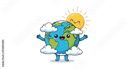 Cute Earth Globe Cartoon Illustration with Smiling Sun for Environmental Awareness