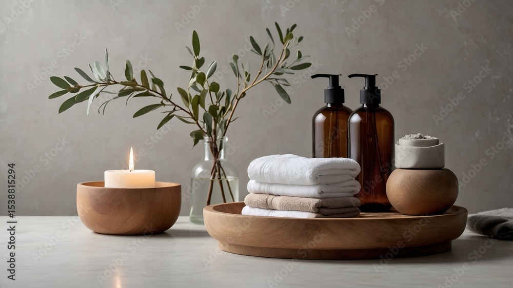 Modern Bathroom Scene with Amber Bottle, Towels, and Wooden Soap Dish Modern Bathroom Scene with Amber Bottle, Towels, and Wooden Soap Dish