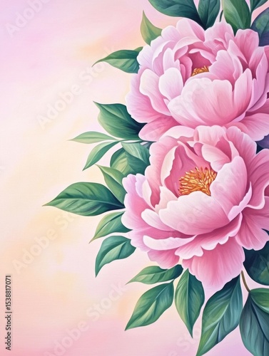 Pink Peonies with Green Leaves