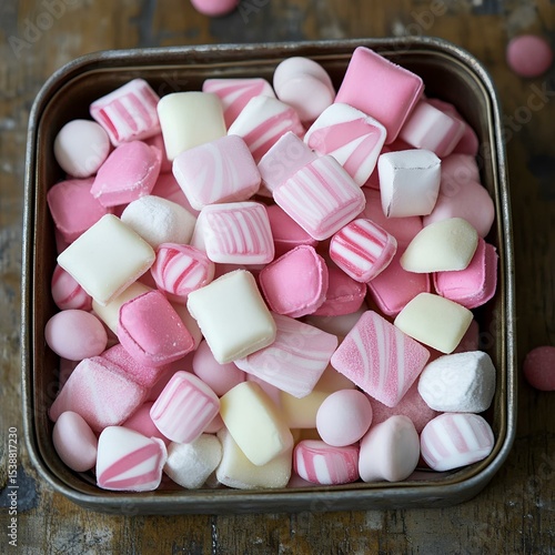 pink and white sweets in vintage metal tin