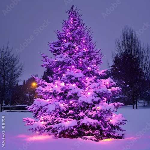 purple christmas tree with lights in snow