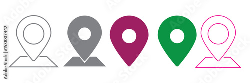 location icon, map pin icons in outline, black, and red styles. for maps, GPS, navigation apps, location markers, address indications icon set
