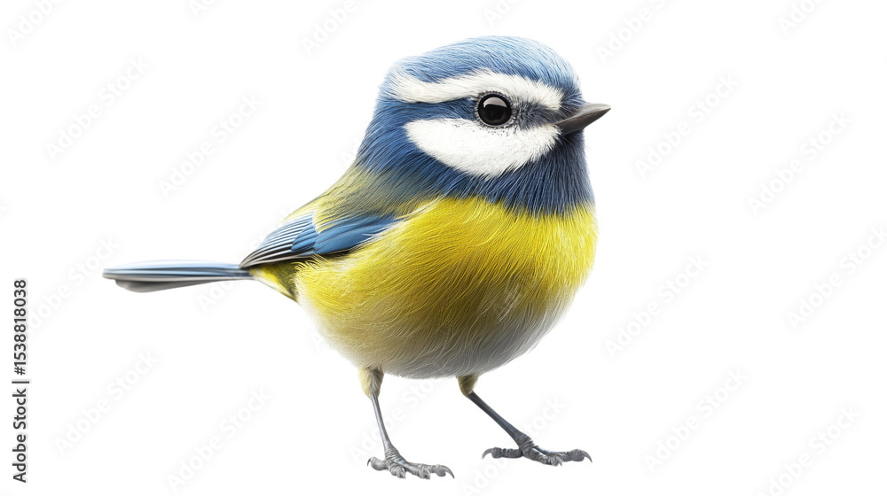 Fototapeta premium Blue tit songbird with colorful blue, yellow, and white plumage perched on a branch, isolated on a white background