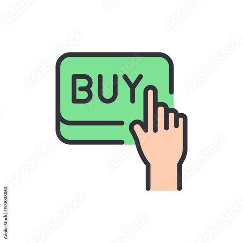 Hand Pressing A Green Buy Button For Online Shopping And Commerce