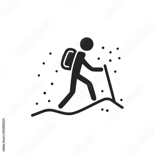 Backpacker silhouette hikes snow using pole adventure scene winter