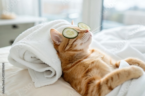 Relaxed ginger cat enjoying a spa day with cucumber eye mask on a white towel