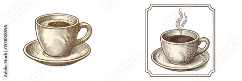Illustration of a steaming coffee cup with saucer showcasing a vintage design style