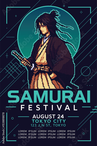 Retro samurai festival poster with pixel art warrior, Japanese culture event flyer, traditional katana character design, vintage style background