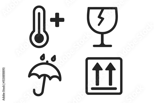 Symbols illustrating caution for temperature, breakage, moisture, and handling in storage and transportation for sensitive items