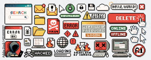 Retro computing. Pixel art error and internet search window, digital buttons and pixelated tech computer and laptop, email envelope and folder vector icons set