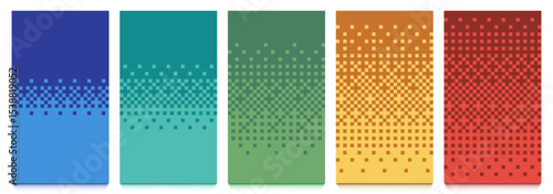Dithering pattern gradient backgrounds. Digital 16x9 pixel art backdrop, dither pixelated two color blend transition, retro vector set