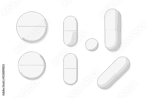 White capsules and tablets arranged in various shapes and sizes on a bright surface