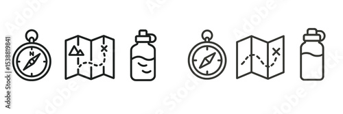 Simple outlines of travel essentials including a compass, map, and water bottle for outdoor adventures