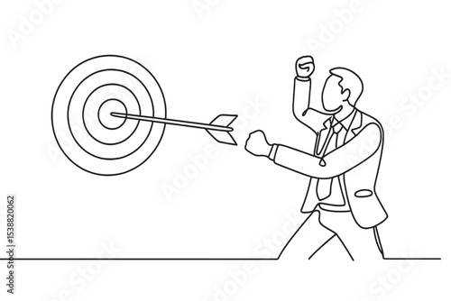 Businessman celebrating success after hitting the target in a creative line art illustration