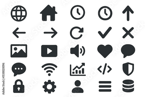 Set of various black icons representing technology, communication, and user interface elements in a simple design