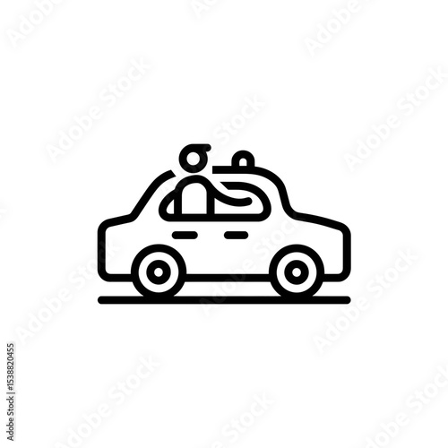 Police officer drives police car patroling street safely