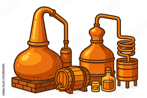 Distillation equipment showcasing vintage craftsmanship in a workshop setting
