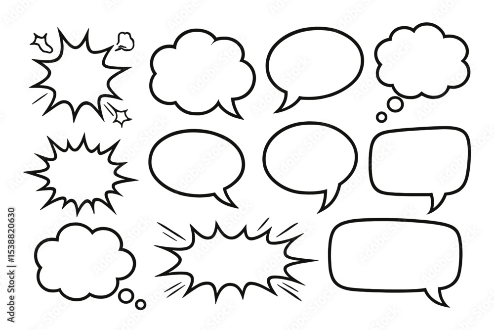 Fototapeta premium Various speech and thought bubbles for creative design and communication projects in black outline style