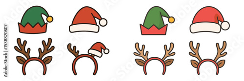 Holiday themed hats and reindeer antlers with bright colors suitable for festive celebrations and events throughout winter season