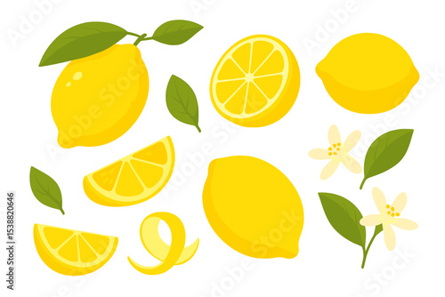 Fresh lemons and lemon slices arranged artistically for a bright and cheerful display in a kitchen setting
