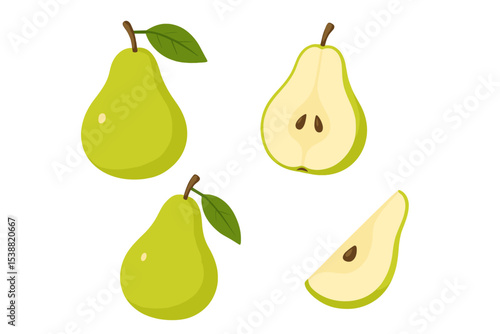 Fresh green pears displayed in various cut forms showcasing their juicy texture and vibrant color