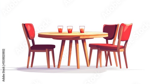 Table with three drinks and four red chairs, casting a violet shadow on the floor