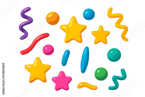 Colorful assorted shapes of stars, swirls, and dots create a playful design suitable for children's crafts and activities
