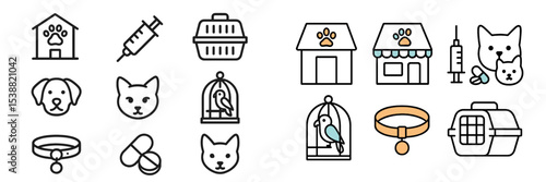 Icons representing pet care essentials for dogs, cats, and other animals in a veterinary setting