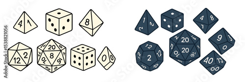 Colorful dice collection featuring various shapes for tabletop games and role-playing activities