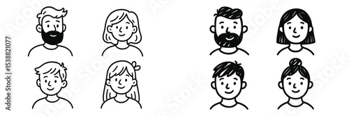 Diverse group of hand-drawn characters showcasing various hairstyles and expressions in a simple design style