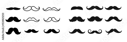 Collection of diverse mustache silhouettes showcasing various styles and shapes on a white background
