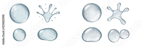 Various sizes and shapes of clear water droplets isolated on a transparent background
