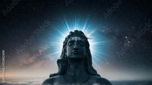 Majestic Adiyogi Shiva statue against a celestial backdrop of stars and divine energy