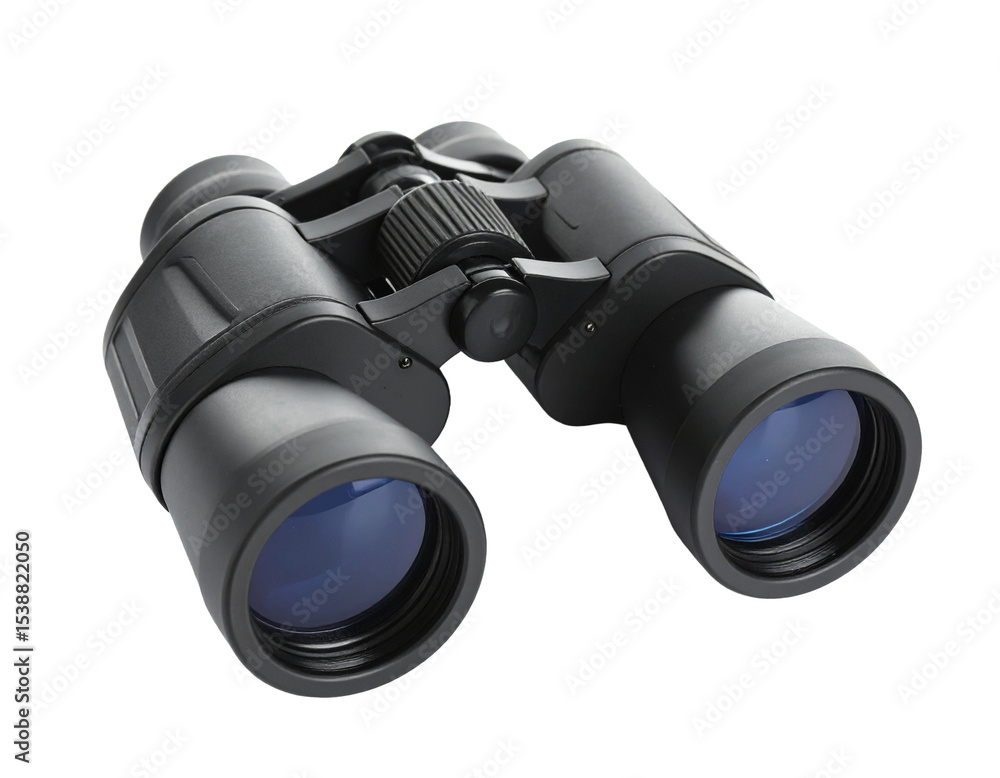 Black binoculars isolated on white background, optical tool for outdoor and wildlife observation. Black binoculars isolated on white background, optical tool for outdoor and wildlife observation.