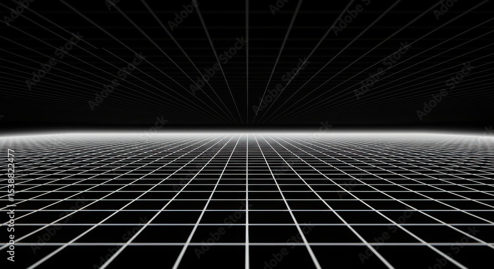 Naklejka premium Perspective grid vanish digital mesh fading into infinite horizon plane