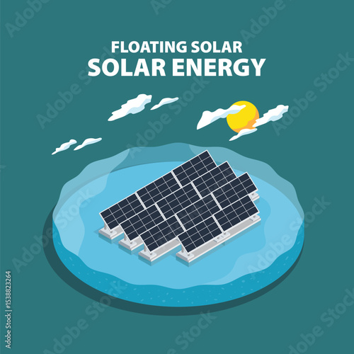 Floating Solar Energy Revolution: How Solar Cells Are Changing the World in Isometric graphic