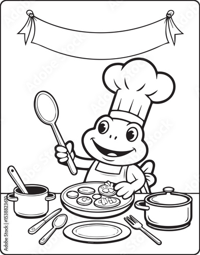 A cute frog chef making foods in the kitchen outline vector for children coloring page design