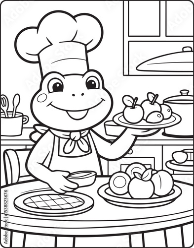 A cute frog chef making foods in the kitchen outline vector for children coloring page design
