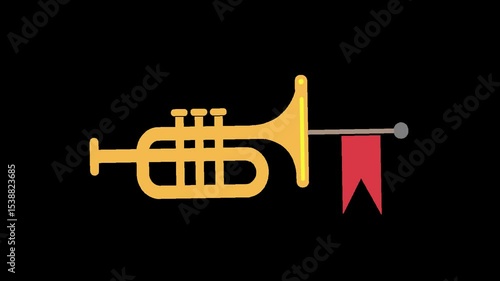 trumpet sounds announcement  and comes out red flag, icon animation on transparent background
