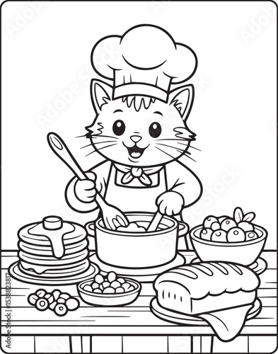 A cute cat chef making foods in the kitchen outline vector for children coloring page design