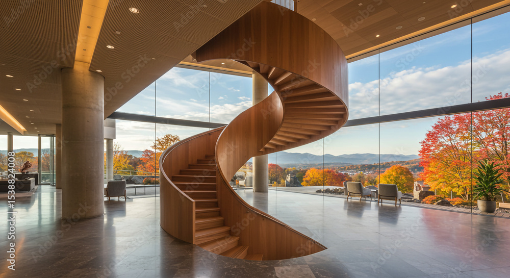 Fototapeta premium Interior view of a modern building with a spiral staircase and large windows overlooking autumn foliage
