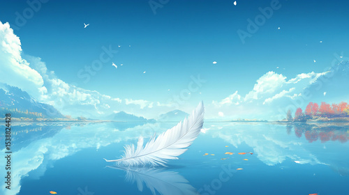 White Feather Gently Floating and Reflecting in a Serene Blue Lake Beneath a Clear Blue Sky