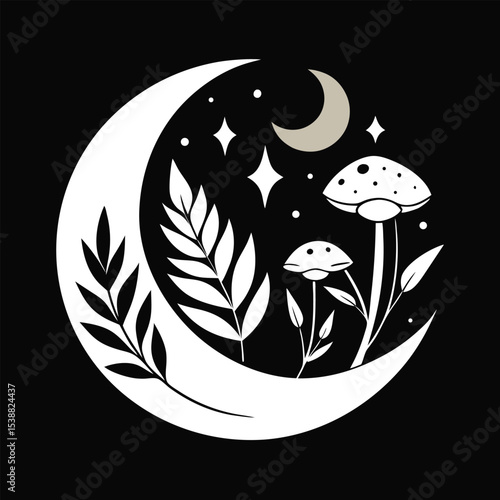 Crescent moon mystical mushrooms and ethereal flowers design