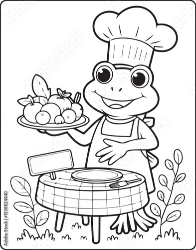 A cute frog chef making foods in the kitchen outline vector for children coloring page design