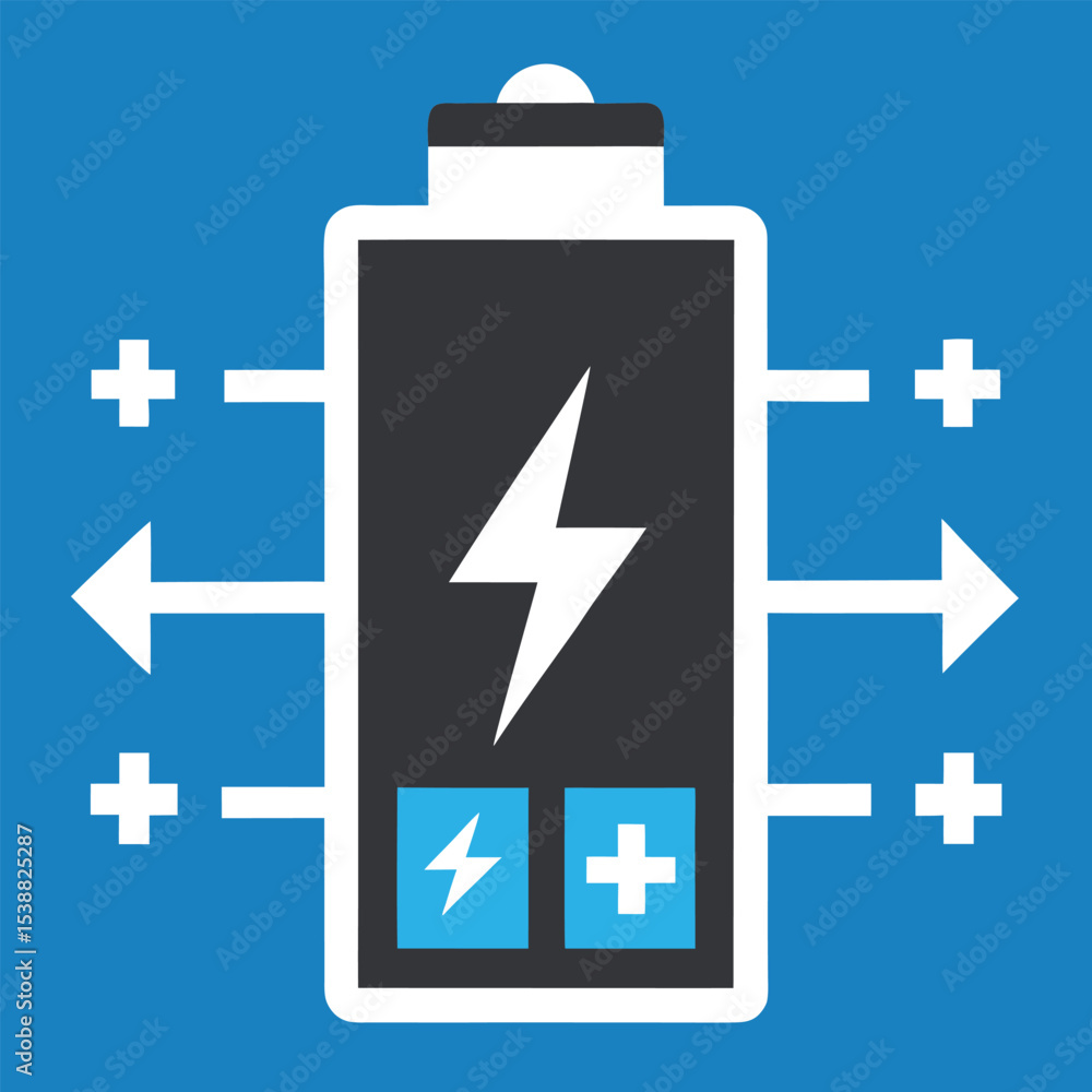 Fototapeta premium Black and white battery icon with lightning bolt and arrows on blue background vector