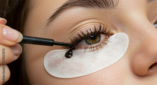 Closeup of lash lift procedure with dark dye