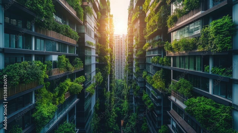 Lush Green Vertical Gardens in Urban Apartment Complex with Sunlight in Cityscape Lush Green Vertical Gardens in Urban Apartment Complex with Sunlight in Cityscape
