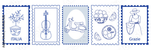 Hand drawn Italy postcard stamps. Vespa scooter, violin, lemons plant, fashion woman, lemon pot. Italian travel elements. Vector doodle sketch illustration.