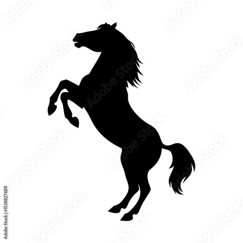 A black silhouette of a horse rearing up on its hind legs, mane and tail flowing dramatically. The horse's front legs are raised high, and its head is slightly tilted, conveying energy and power. The 