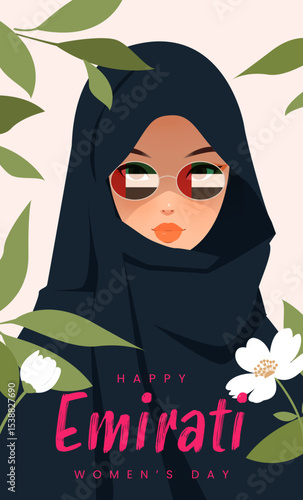 Emirates Women's Day Design with Female with Hijab Vector Illustration. Emirati Womens Day Template Suitable for Poster Banner Flyer Background. UAE Women's Day August.
